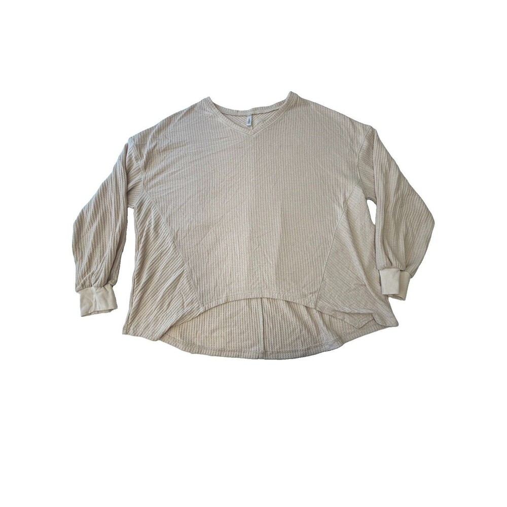 DOKOTOO 2XL Waffle Knit V-Neck Tunic Top Beige Long Sleeve